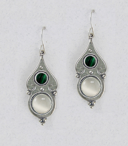 Sterling Silver White Moonstone And Malachite Gemstone Drop Dangle Earrings